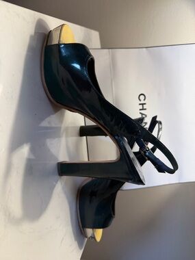 CHANELPatent Leather 5”  Slingback Heels with Silver embossed Toe Cap